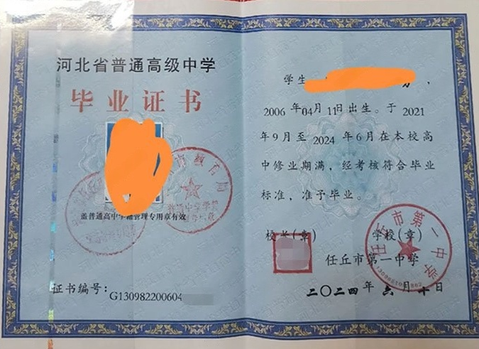 钟楼任丘市第一中学高中毕业证样本图片